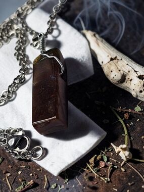Men's/Women's Brown Stone Pendant Necklace - Silver Chain